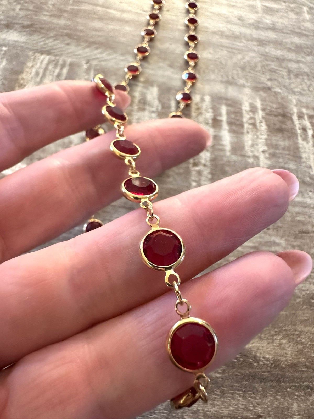 Vintage Swarovski Swan Signed Red Crystal Open Back Bezel Set Gold Tone Necklace