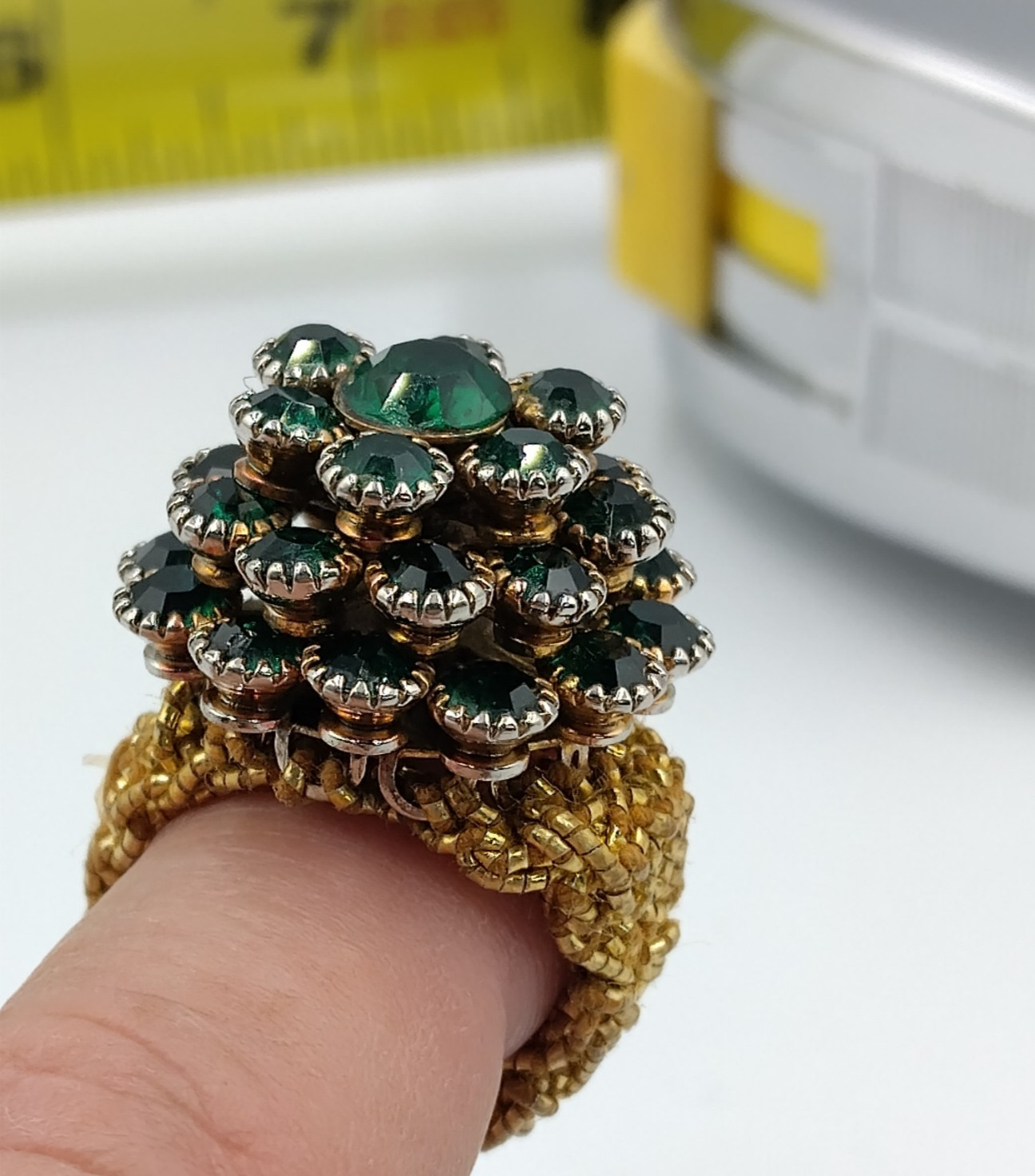 Vintage Dome Ring Green Rhinestone with Woven Stretch Golden Band