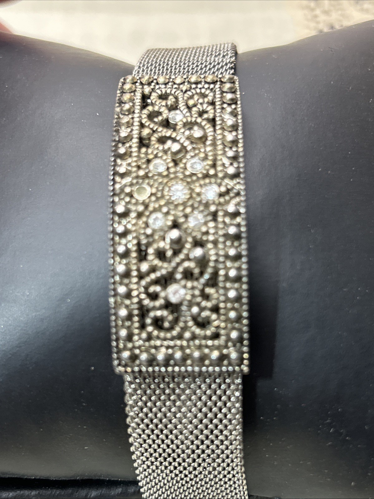 Vintage Square Marcasite Mesh Band Bracelet Magnetic Clasp 7″