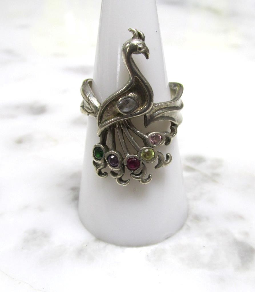 Women’s Sterling Silver Peacock Design Ring w/ Gemstones Sz 7.5 ~ 6.4g ~ 7-C587