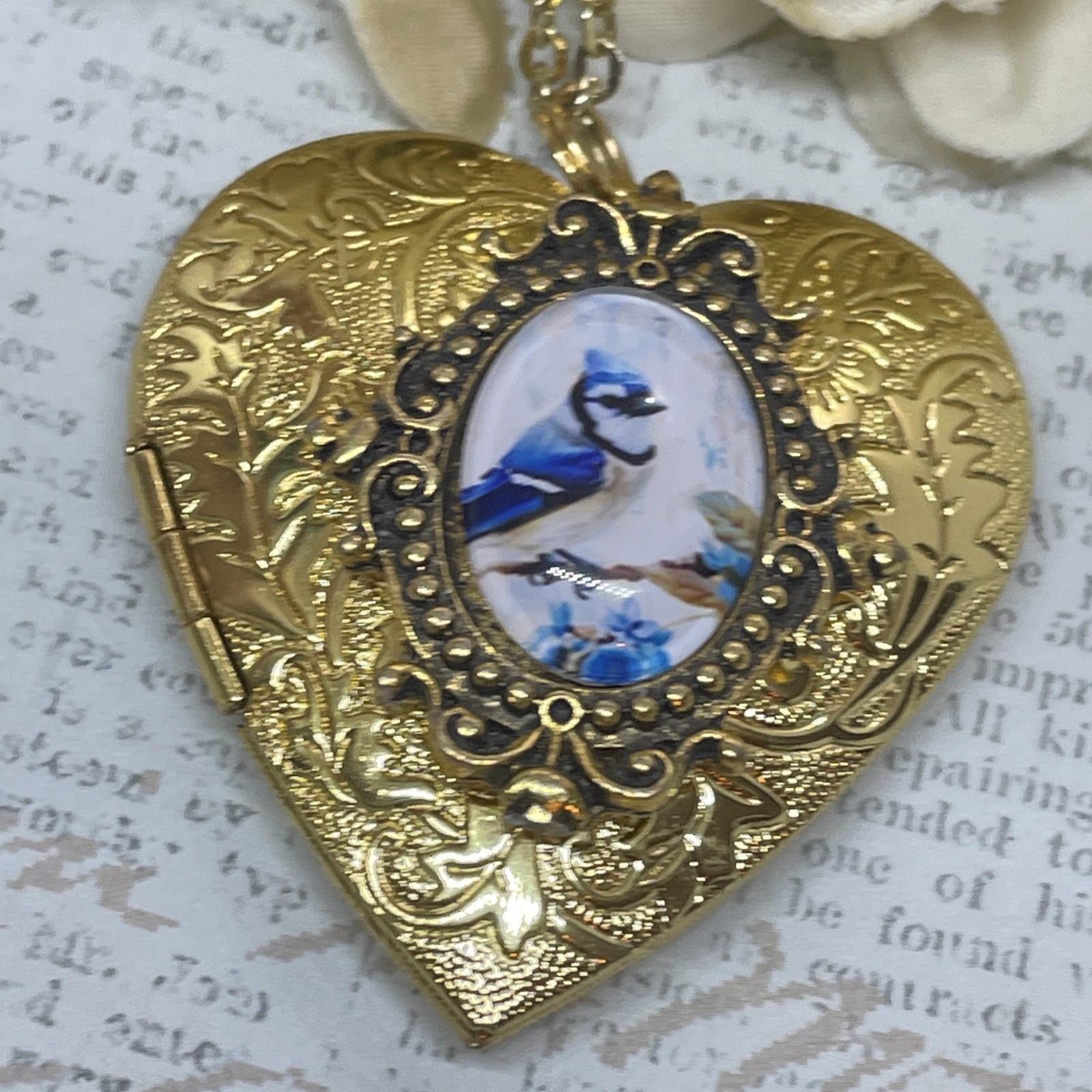 Gold Heart Locket Photo Birthday Anniversary Wedding Blue Bird Jay Necklace
