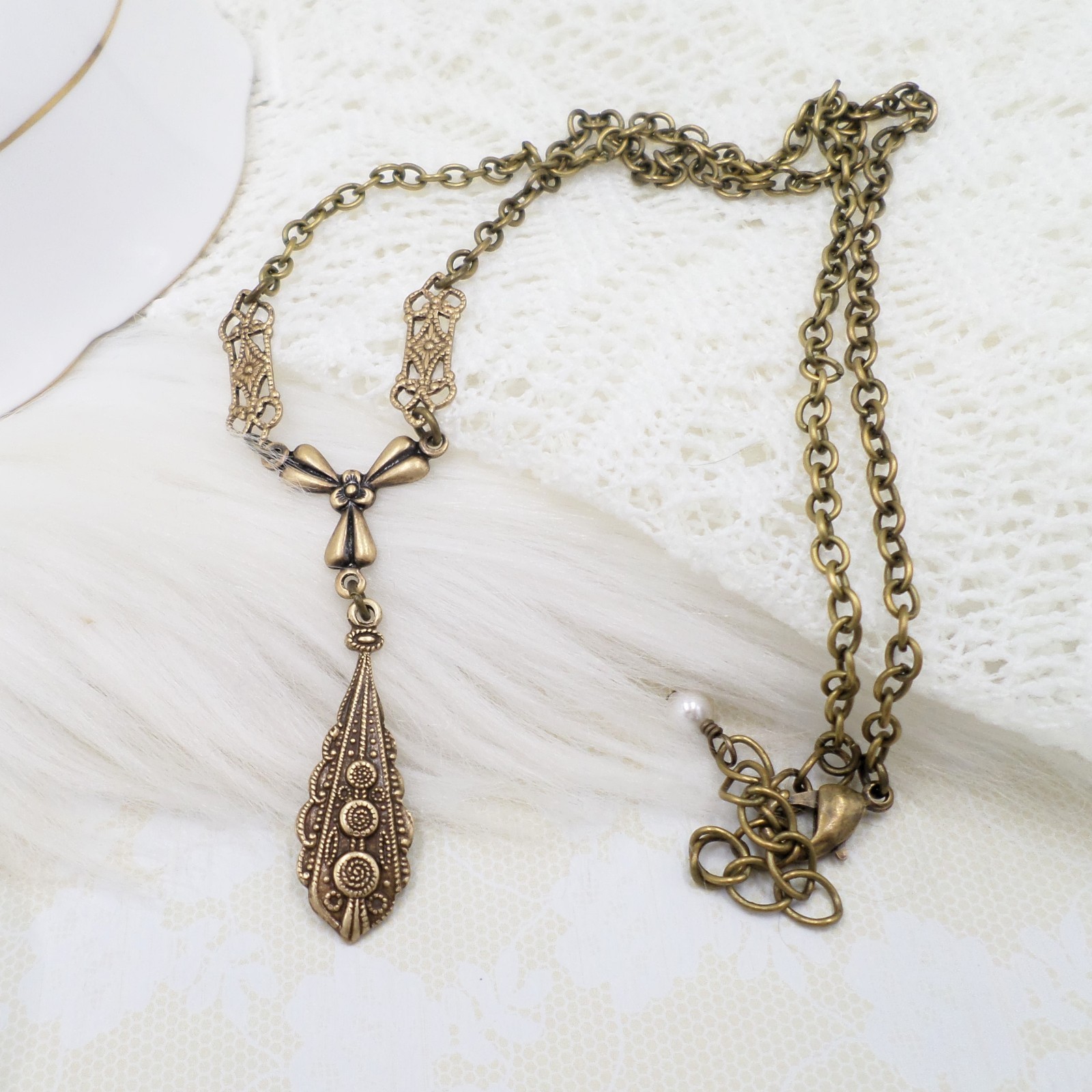 Victorian Style Brass Filigree Charm Necklace: Handmade Bow & Teardrop Jewelry