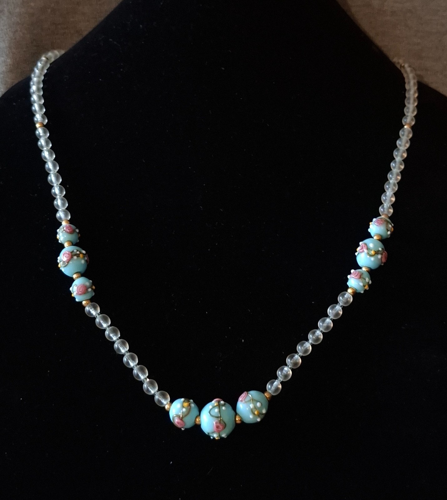 Vintage Jewelry Venetian Murano Blue Wedding Cake & White Glass Beads Necklace