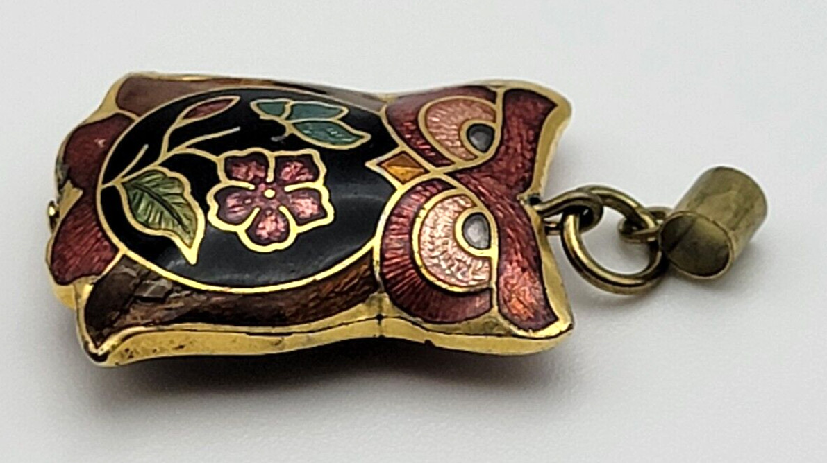 Vintage Yellow Gold Plated Multicolor Cloisonne OWL Pendant 1 In Reversible