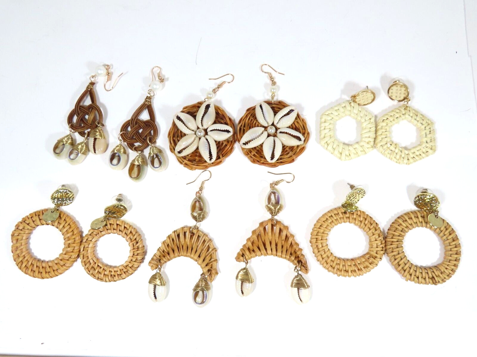 VTG Woven Wicker Wrap Rattan Dangle Drop Shell Earrings Pierced Boho Lot D2073