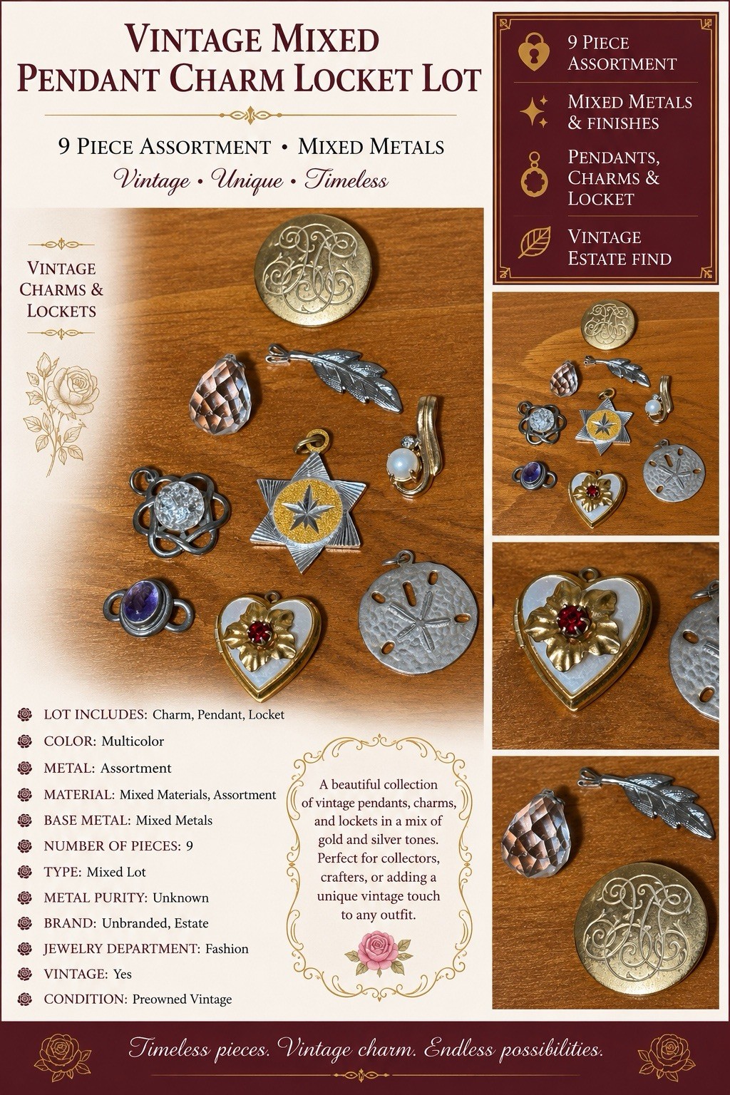 Vintage Mixed Pendant Charm Locket Lot 9 Pc Heart Locket Sand Dollar Star