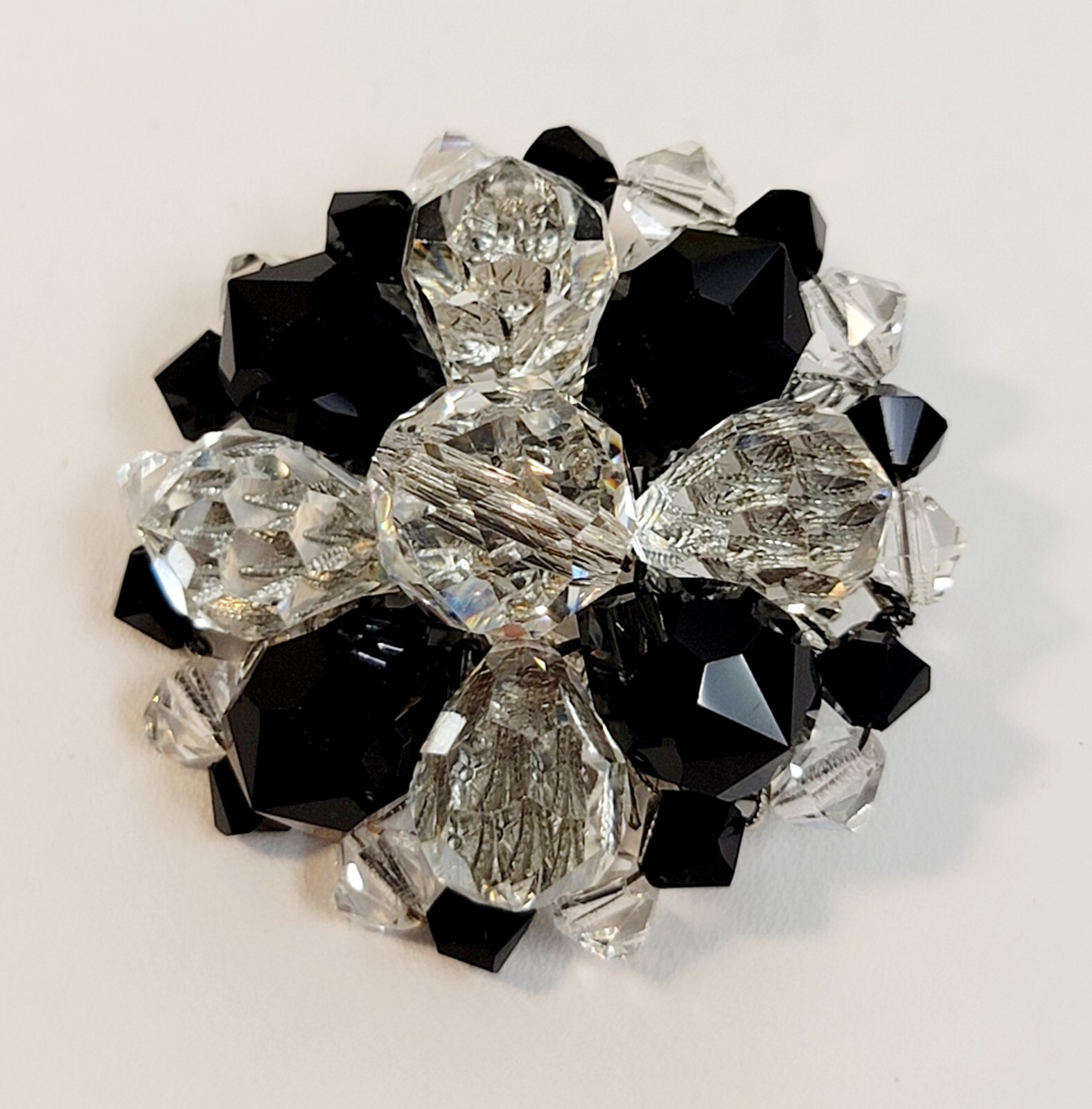 Vintage Black Clear Crystal Glass Bead Cluster Brooch