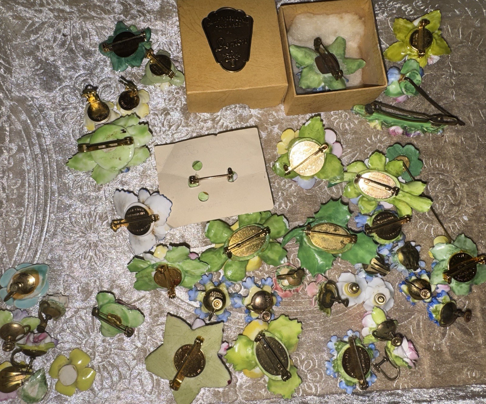 Vtg Jewelry Lot Signed English Fine Bone China Flower Art Brooch Earring Garden