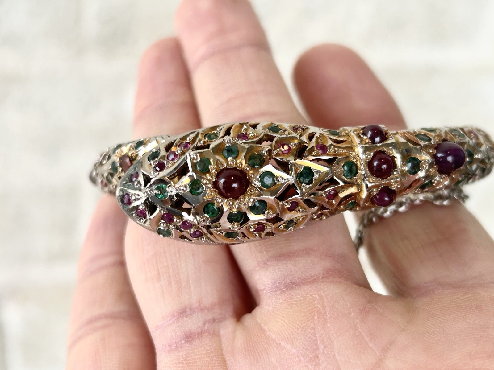 Antique Mughal Ruby Emerald Sterling Snake Bracelet Jewels Of India