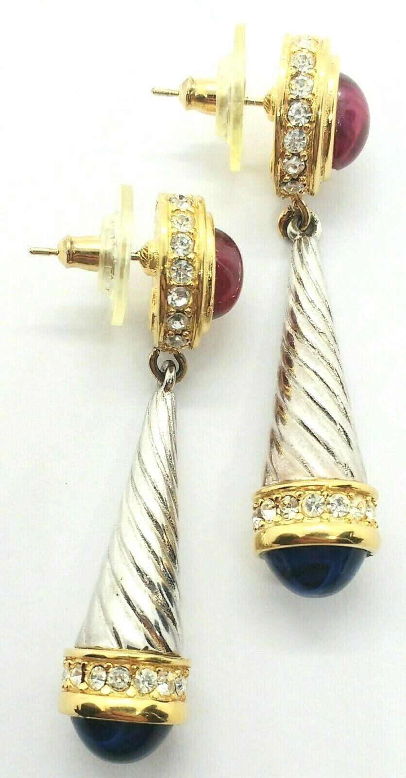 Givenchy Paris Blue & Red Cabochon Silver & Gold Plated Crystal Dangle Earrings