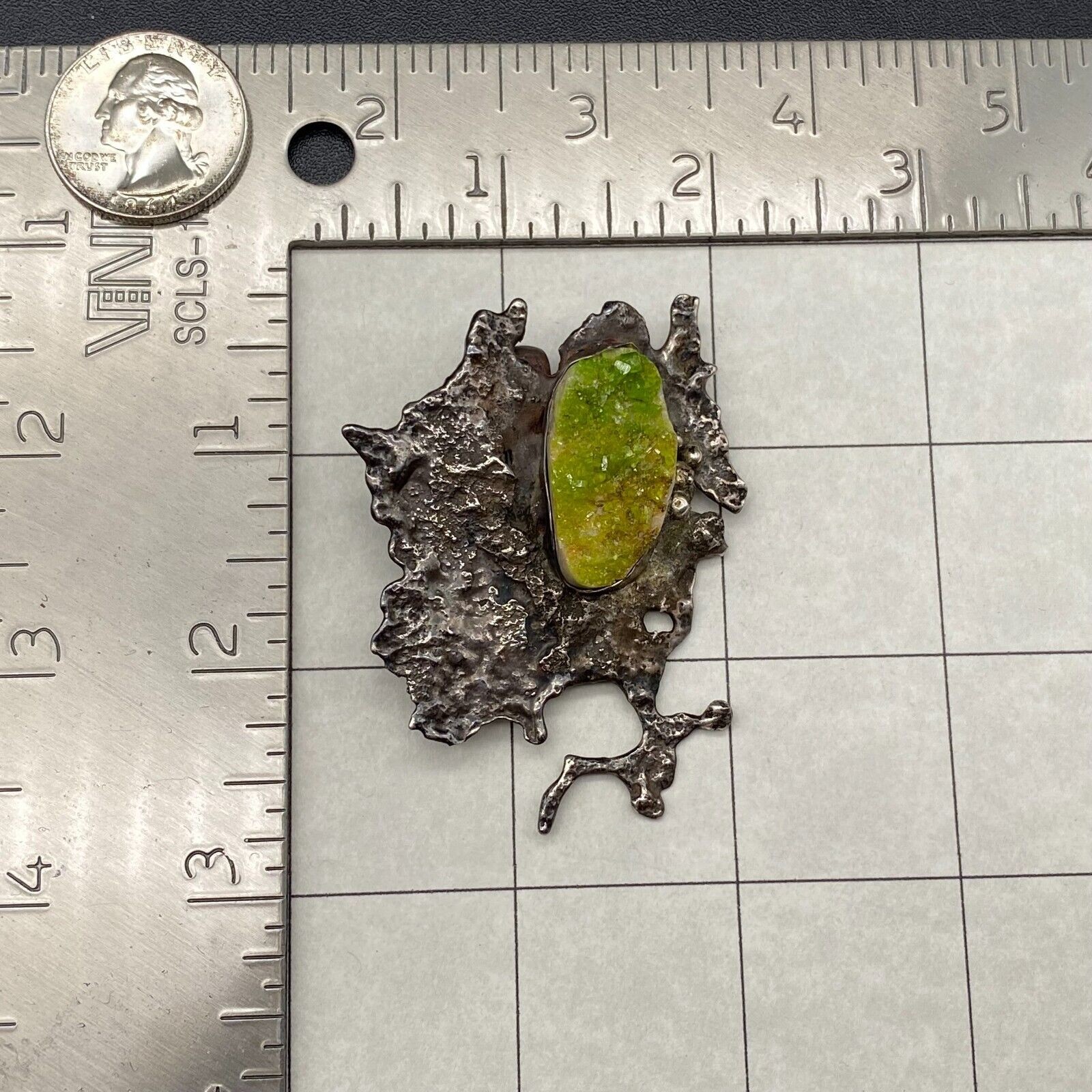 Vintage Brutalist Abstract Green Druzy Stone Silver Pendant