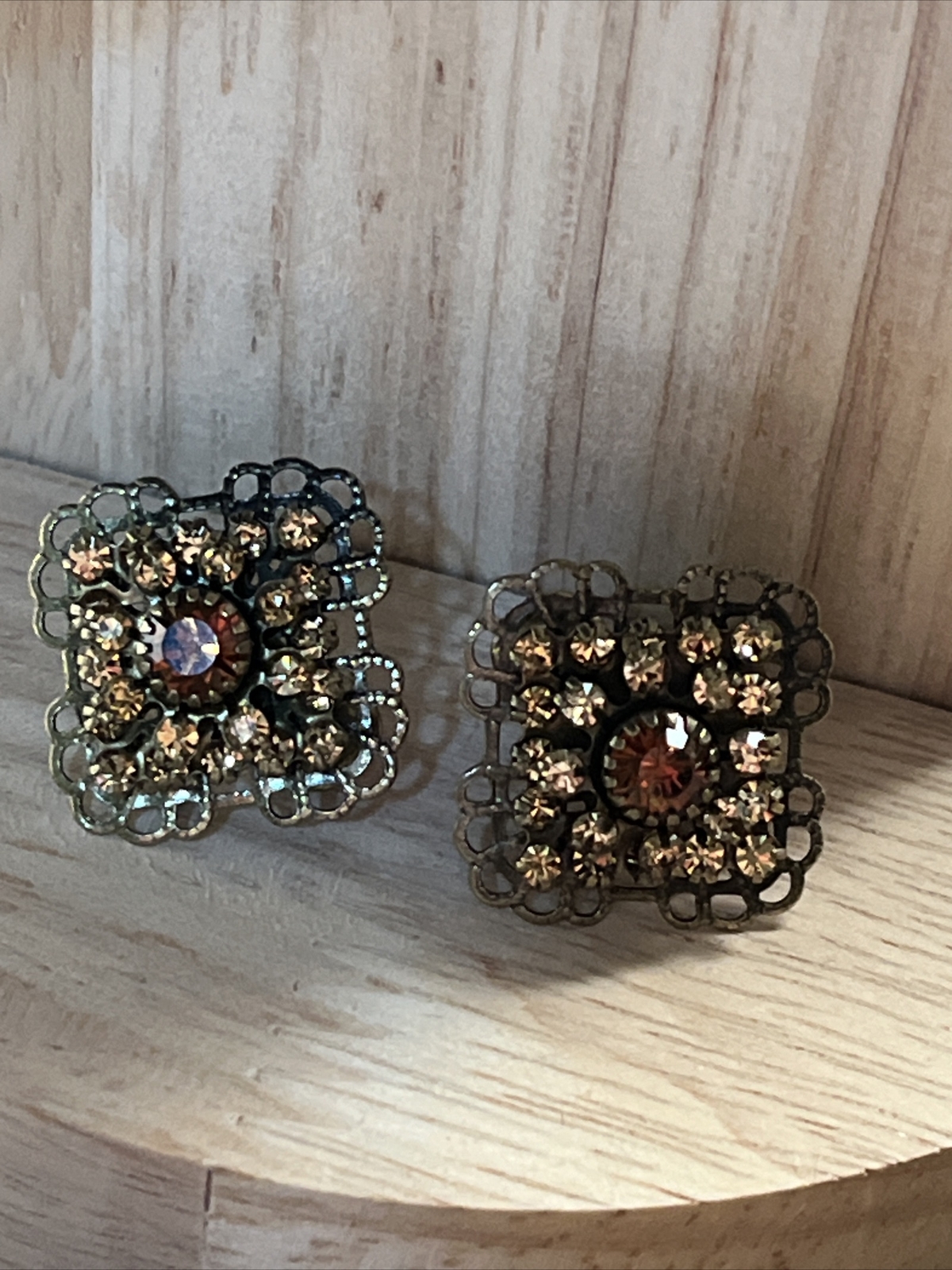 Vintage Avon Bronze Topaz Color Rhinestone Square Clip On Earring Retro Elegant