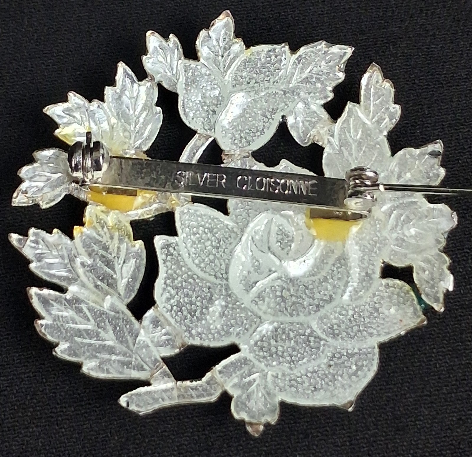 Vintage Silver Cloisonne Rose Brooch Green Blue Enamel Floral Pin