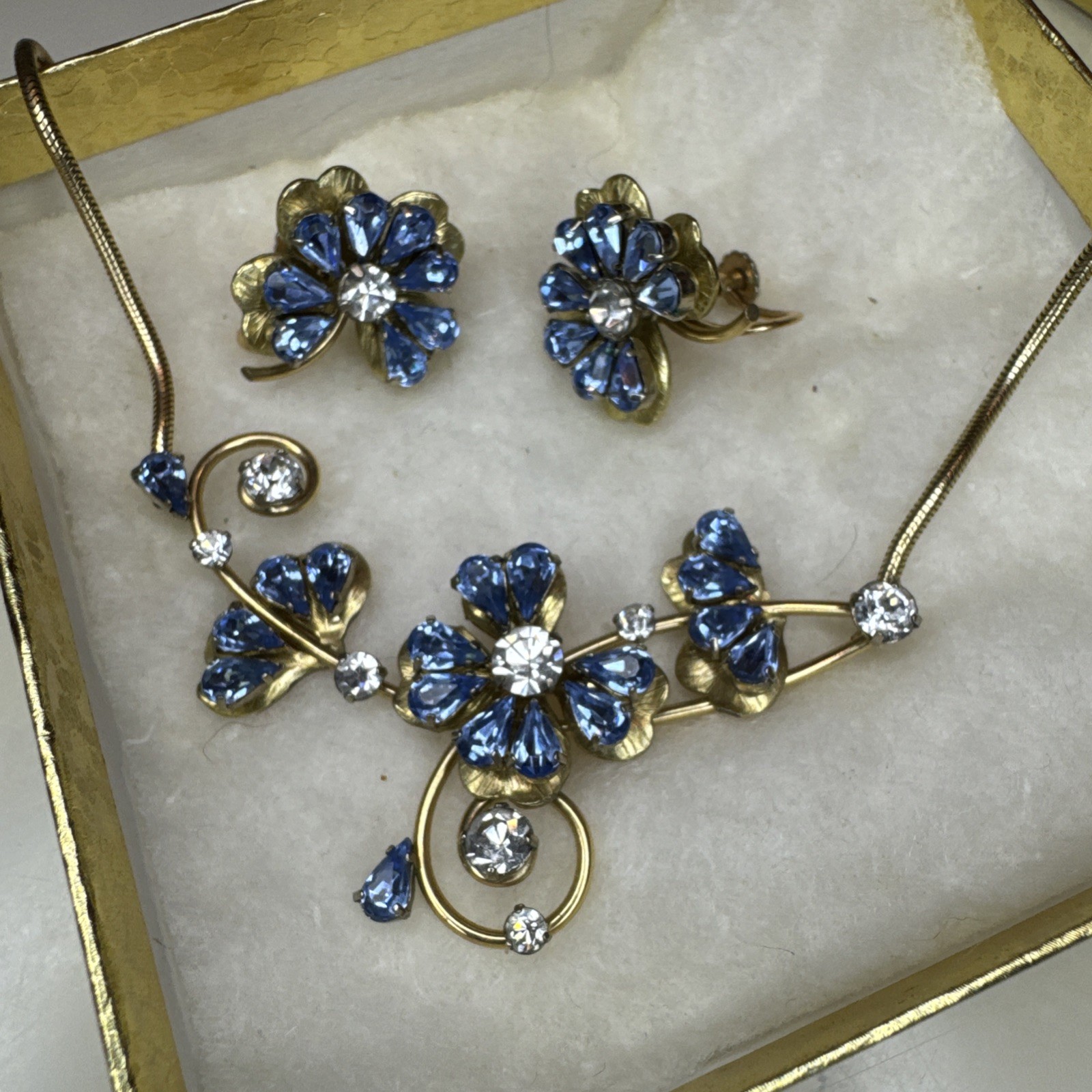 Vintage Krementz Blue Floral Necklace Earrings, 14k Rolled Gold