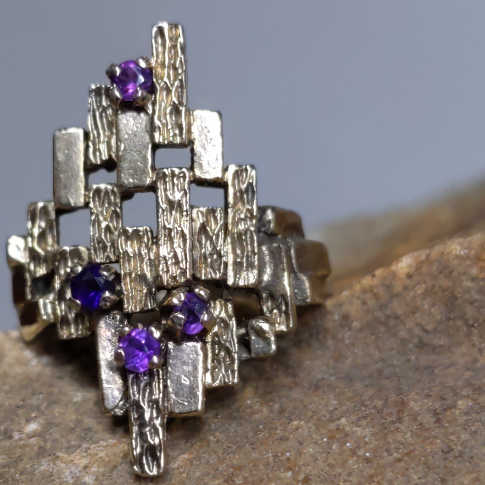 ESPO Sterling Silver Amethyst Ring Abstract Brutalist MCM Size 6 | 5.31g Vtg