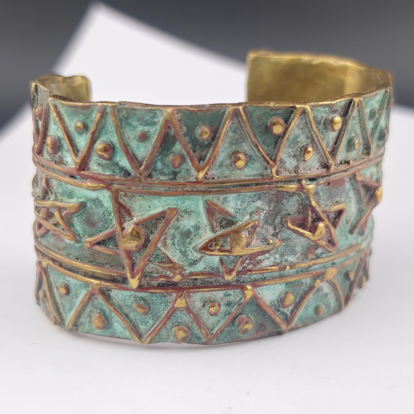 Chunky Vintage Elaine Coyne Verdigris Brass Clip Earrings & Cuff Bracelet Set