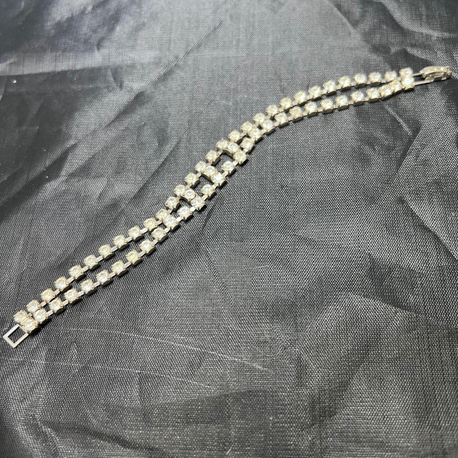 Vtg Rhinestone Bracelet Silver Tone Two Row Sparkling Bridal Formal Prom Glam
