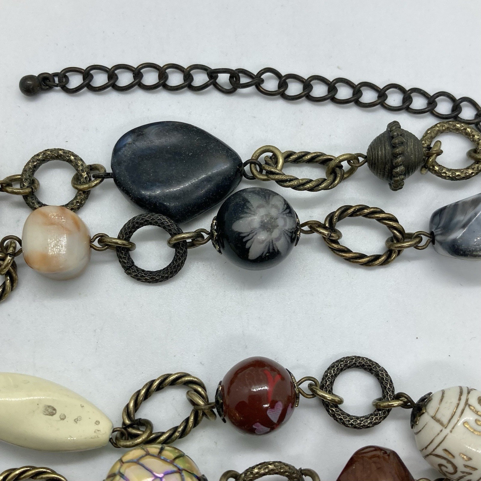 Vtg Boho Statement Bead Brass Chain Link Statement Necklace 34” Signed