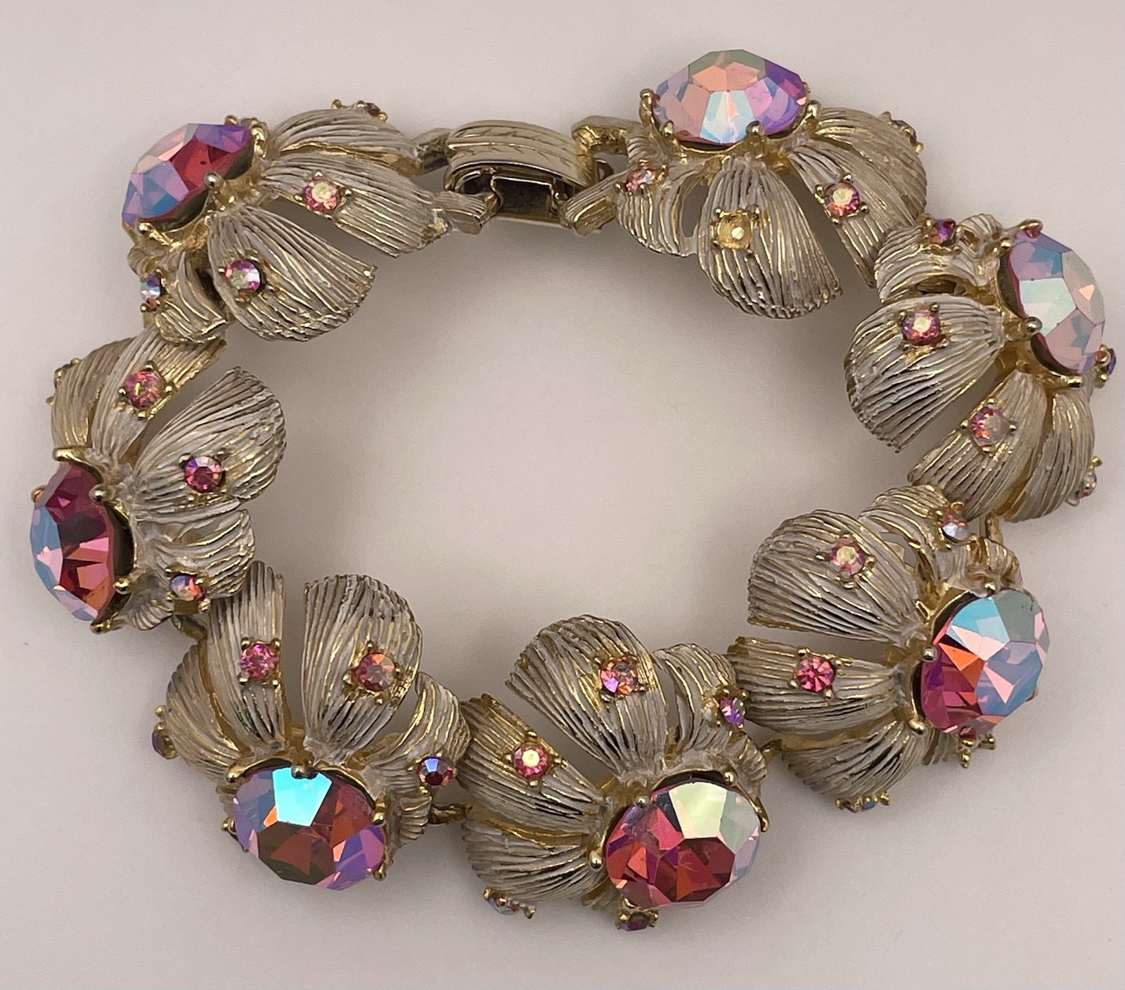Statement Pink AB Stone Gold Tone Vintage Flower Bracelet Missing 3 Stones