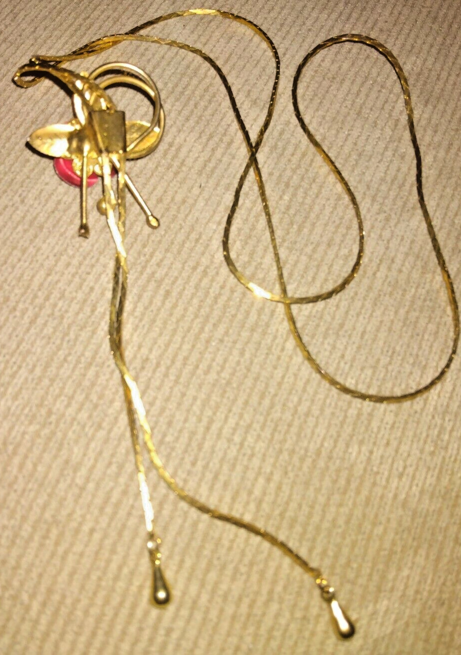 VINTAGE GOLD TONE? FILLED?PLATED? LARIAT NECKLACE RED ROSE SLIDE 60s ORIG ESTATE