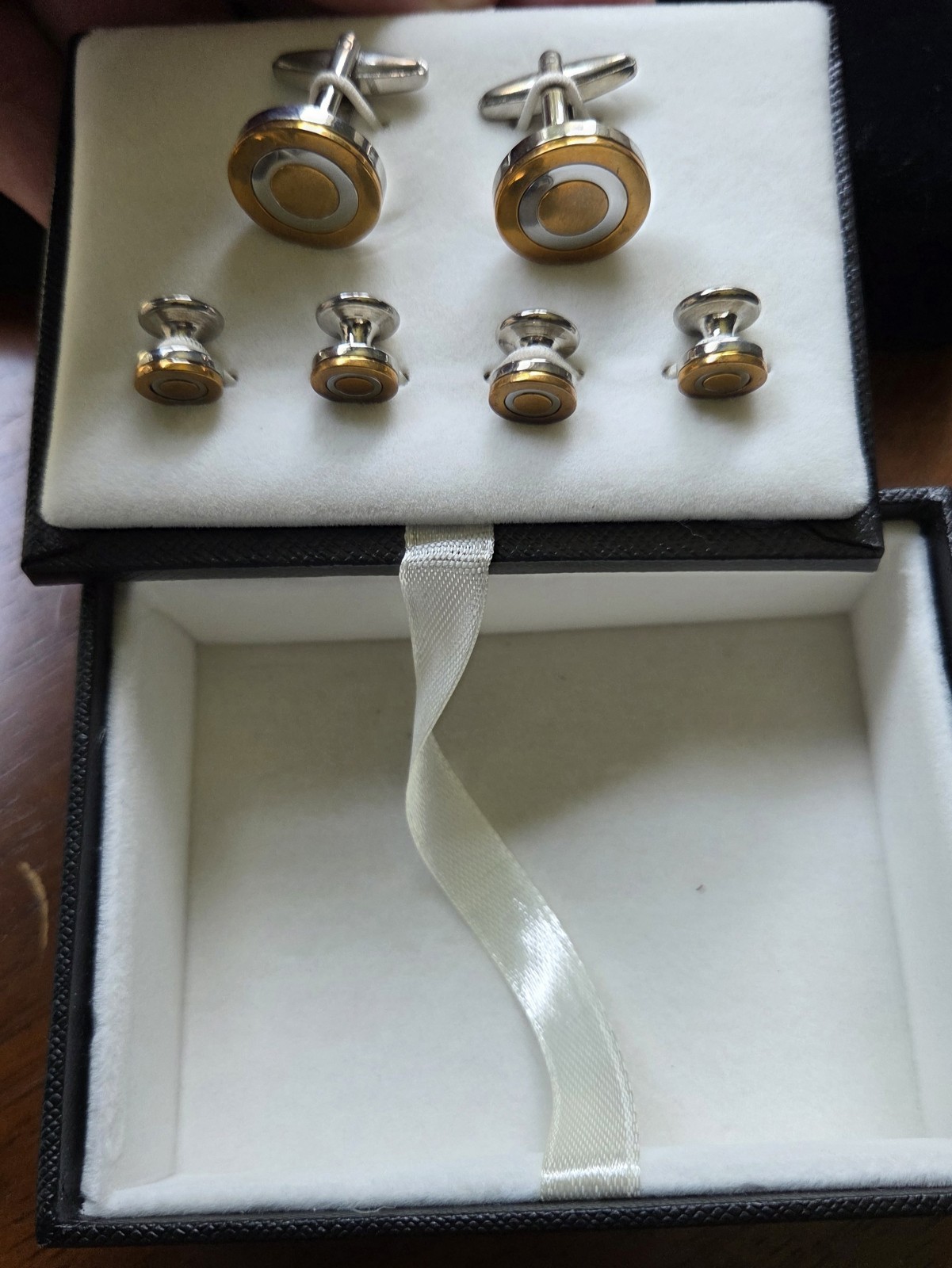 Men’s Round Bullet Back Cufflinks & Shirt Studs Set Gold/Silver Tone Box