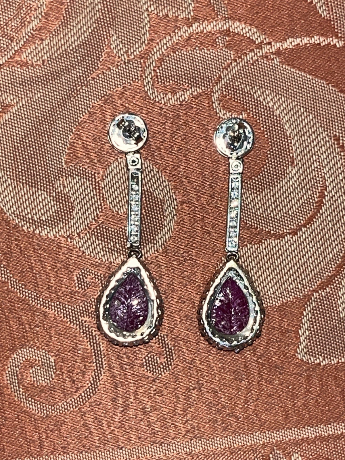 Large 14K Solid Gold Authentic Natural Ruby Diamond Leaf Earrings AGI Certified!
