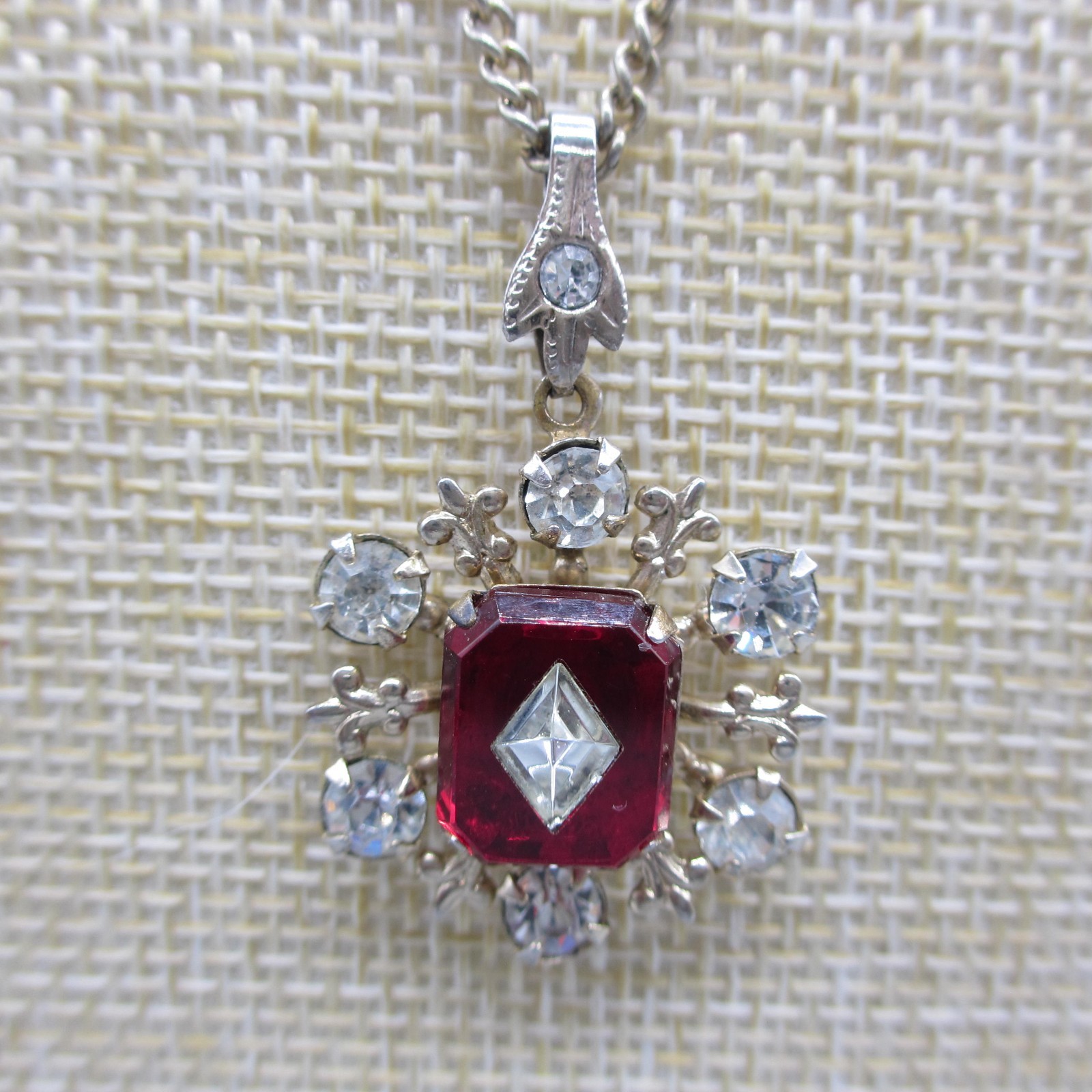 Vintage Rhinestone Pendant Necklace Red Clear Dainty Gold Tone 19 Inch