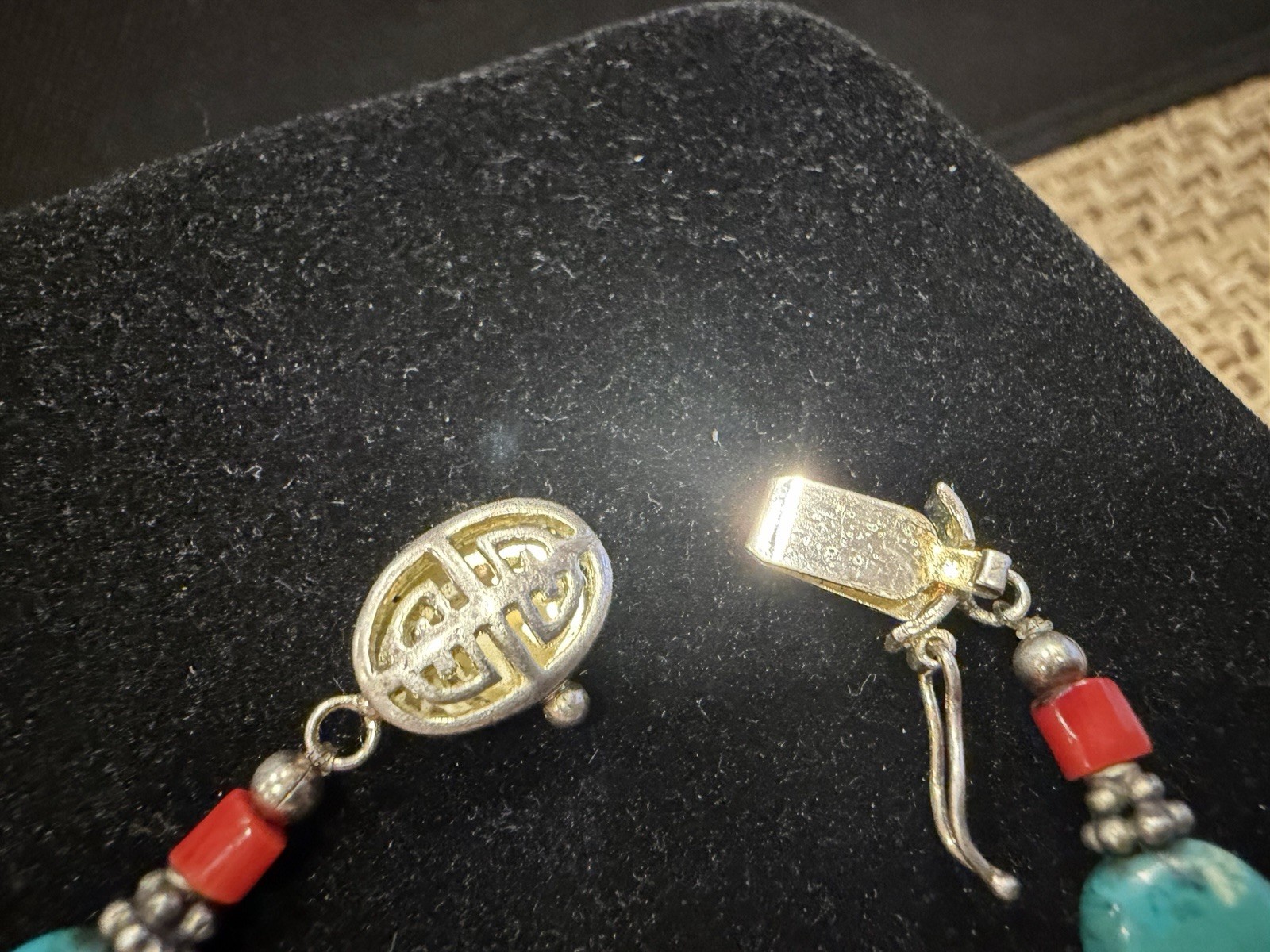 Vintage Turquoise And Natural Blood Red Coral & Pewter Silver 925 Clasp 16”