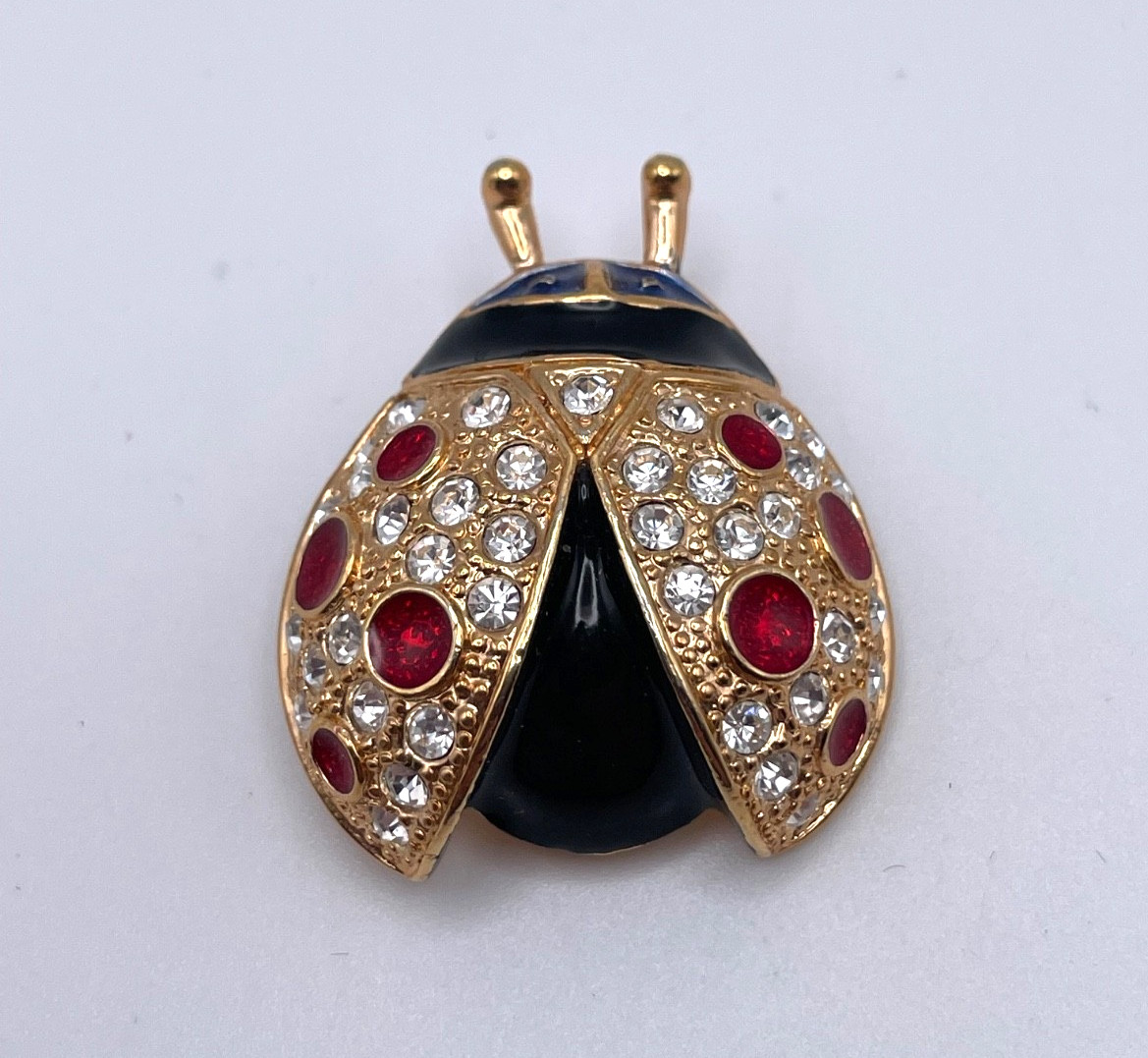 Vintage Roman Signed Gold Tone Ladybug Brooch Pin Red Clear Rhinestones Enamel