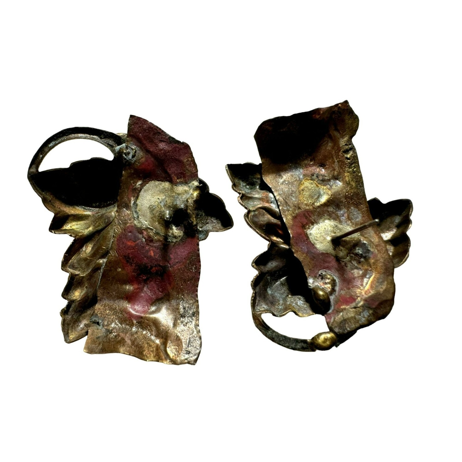 Vintage Large Handcrafted Copper & Brass Artsy Leaf Pierced Earrings 1.75 x 1.5″