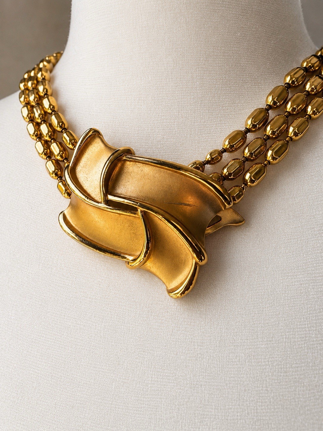 VTG YSL Yves Saint Laurent Gold Tone Statement Necklace Triple Strand Beads