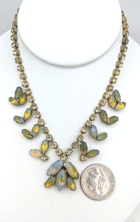 Vintage Givre Glass Necklace Rhinestone Blue Green Opalescent Prong Set
