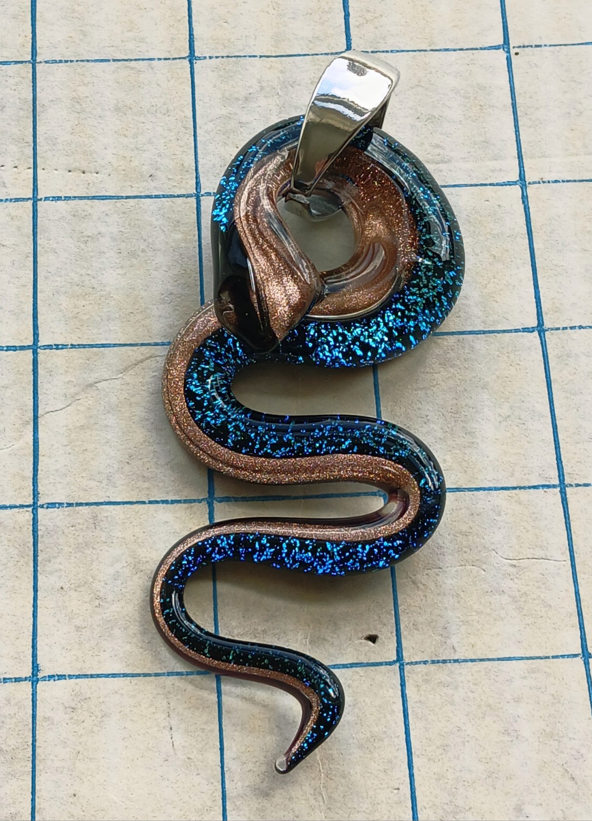 Murano Dichroic Art Glass Snake Pendant Vintage Necklace Silver Signed Marked