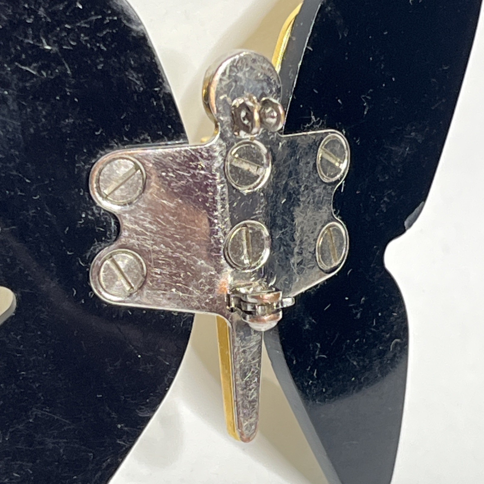 BUTTERFLY BROOCH PIN Layered Gold-Tone Metal & Black Acetate Resin 2.75″ READ