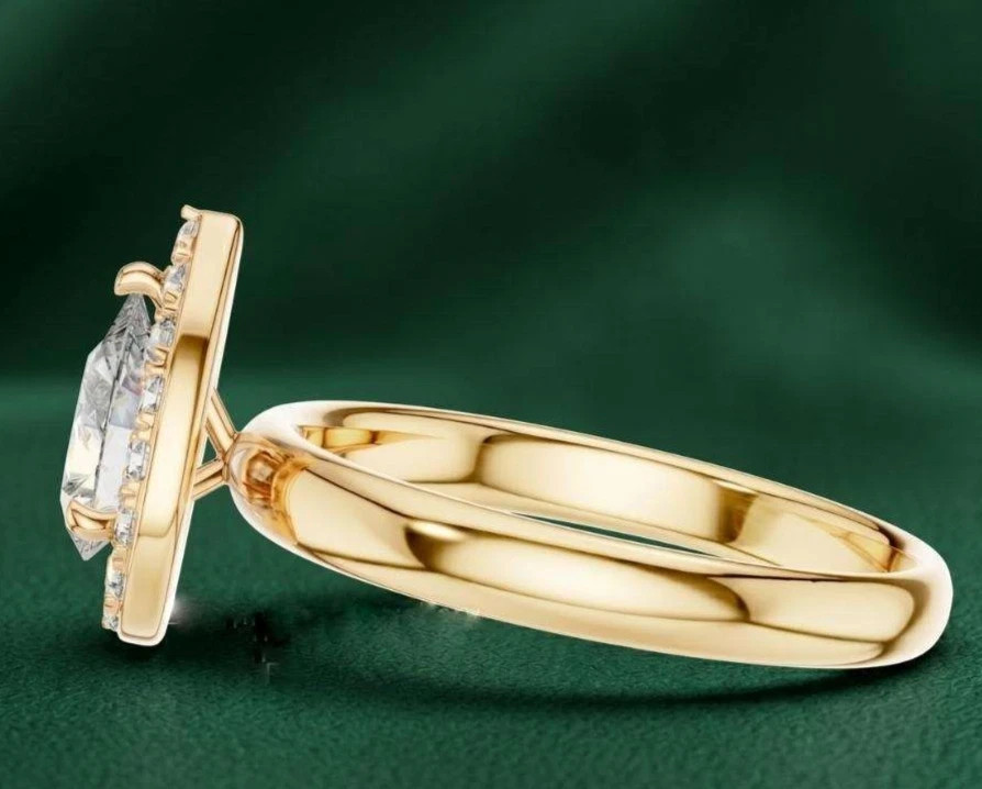 Pear & Round Cut 1.60TCW White Moissanite Halo Wedding Ring In 10K Yellow GoldFN