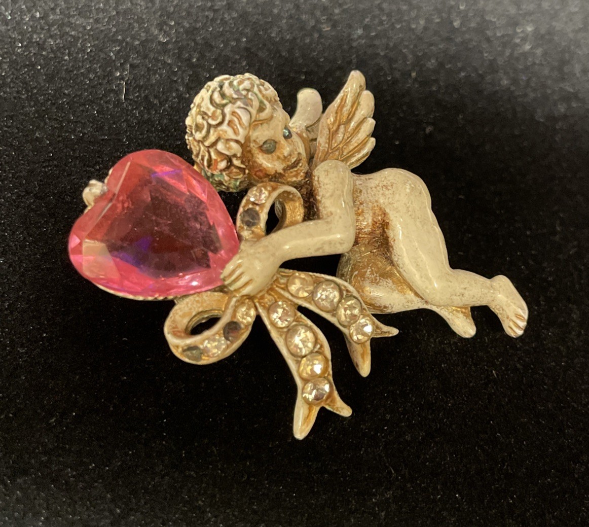 Vintage Florenza Pink Crystal Jeweled Heart white Tone Cherub Angel Pin Brooch