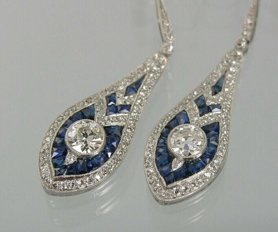 Art Deco Style Sapphire & Diamond Drop Dangle Wedding 14k White Gold FN Earrings