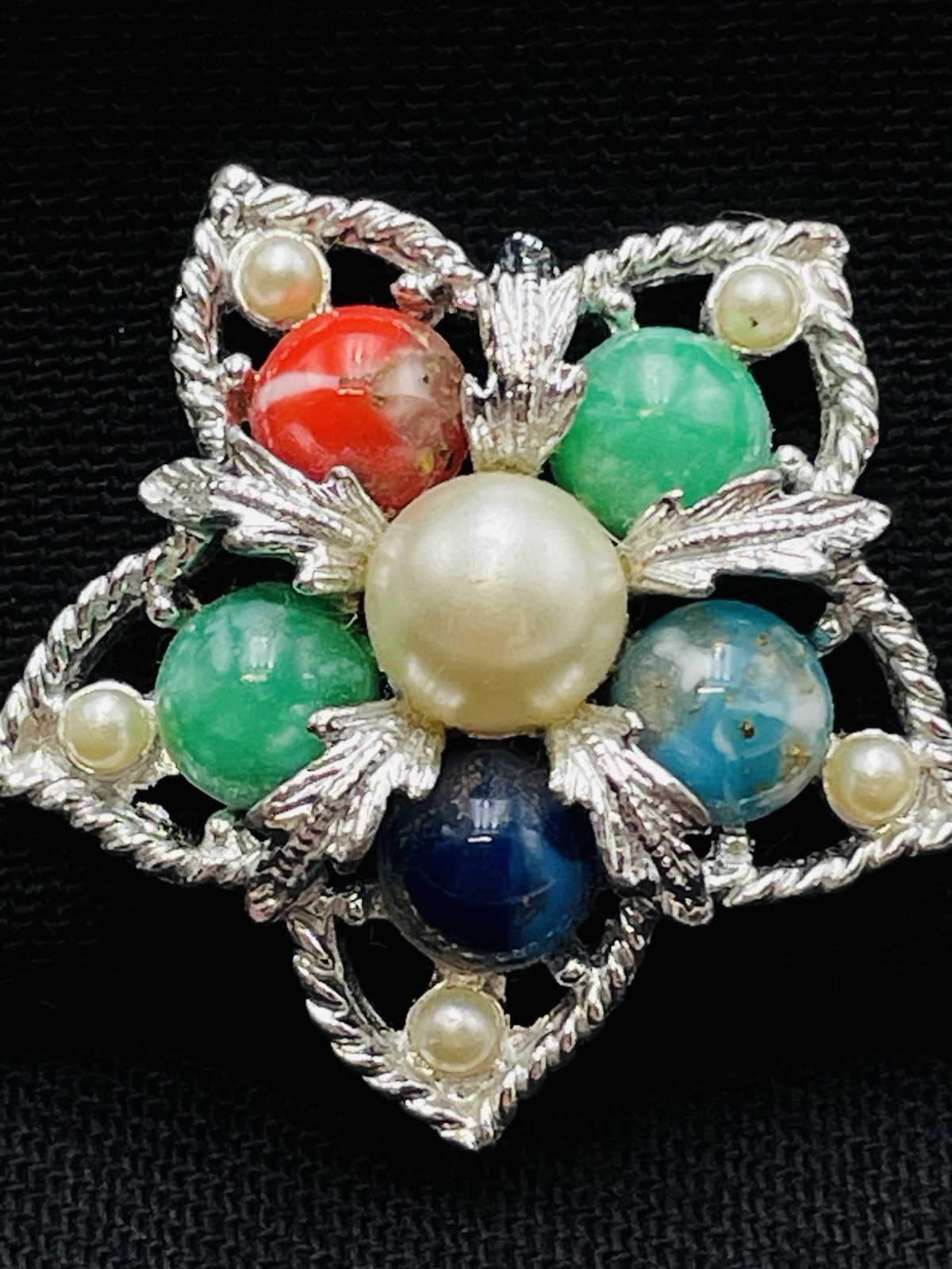 Sarah Coventry Multi-Stone Color Faux Pearl Filligree Clip Earrings Silver Tone