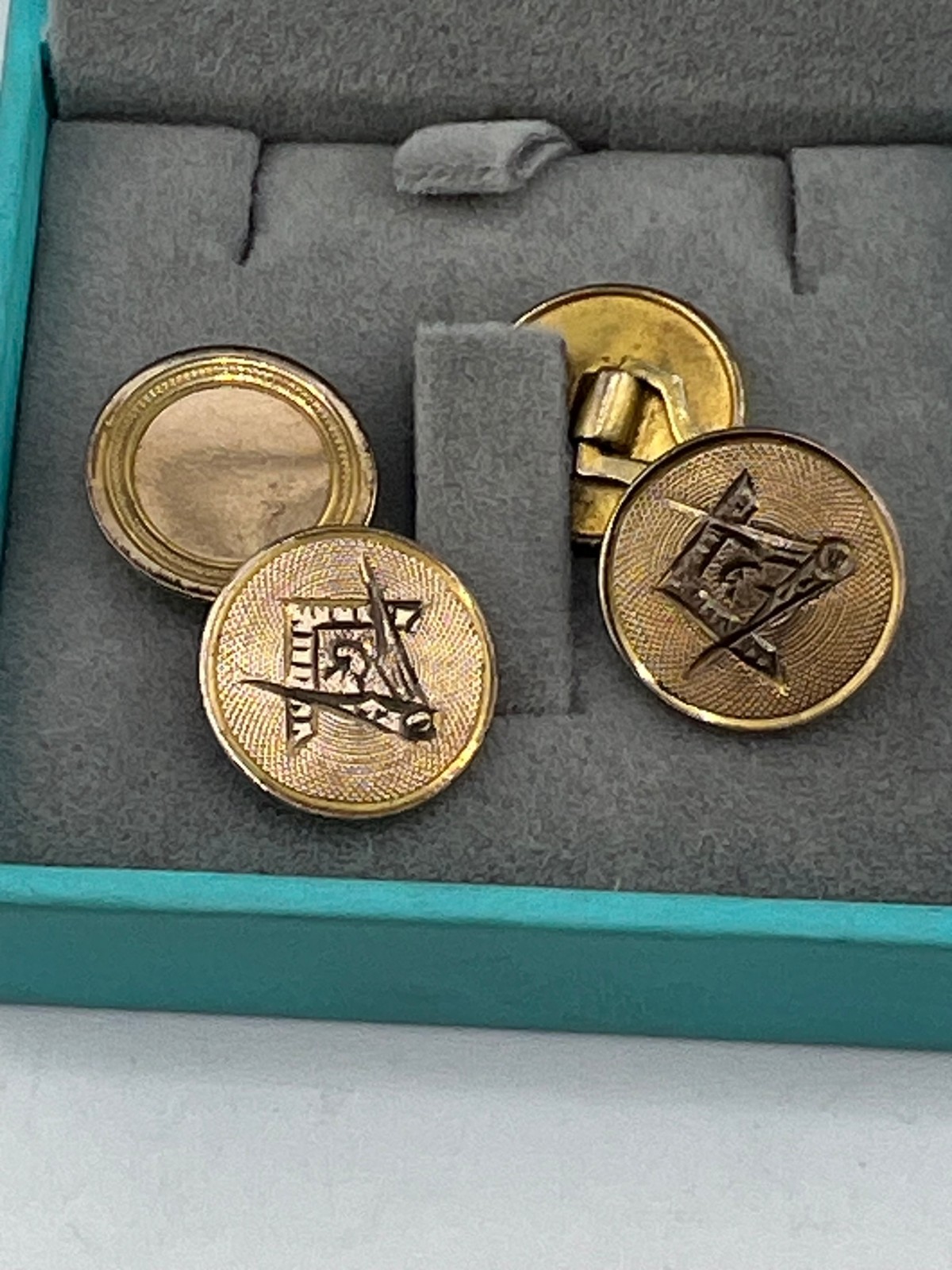 Vintage Masonic cufflinks Compass & Square gold filled & brass some wear