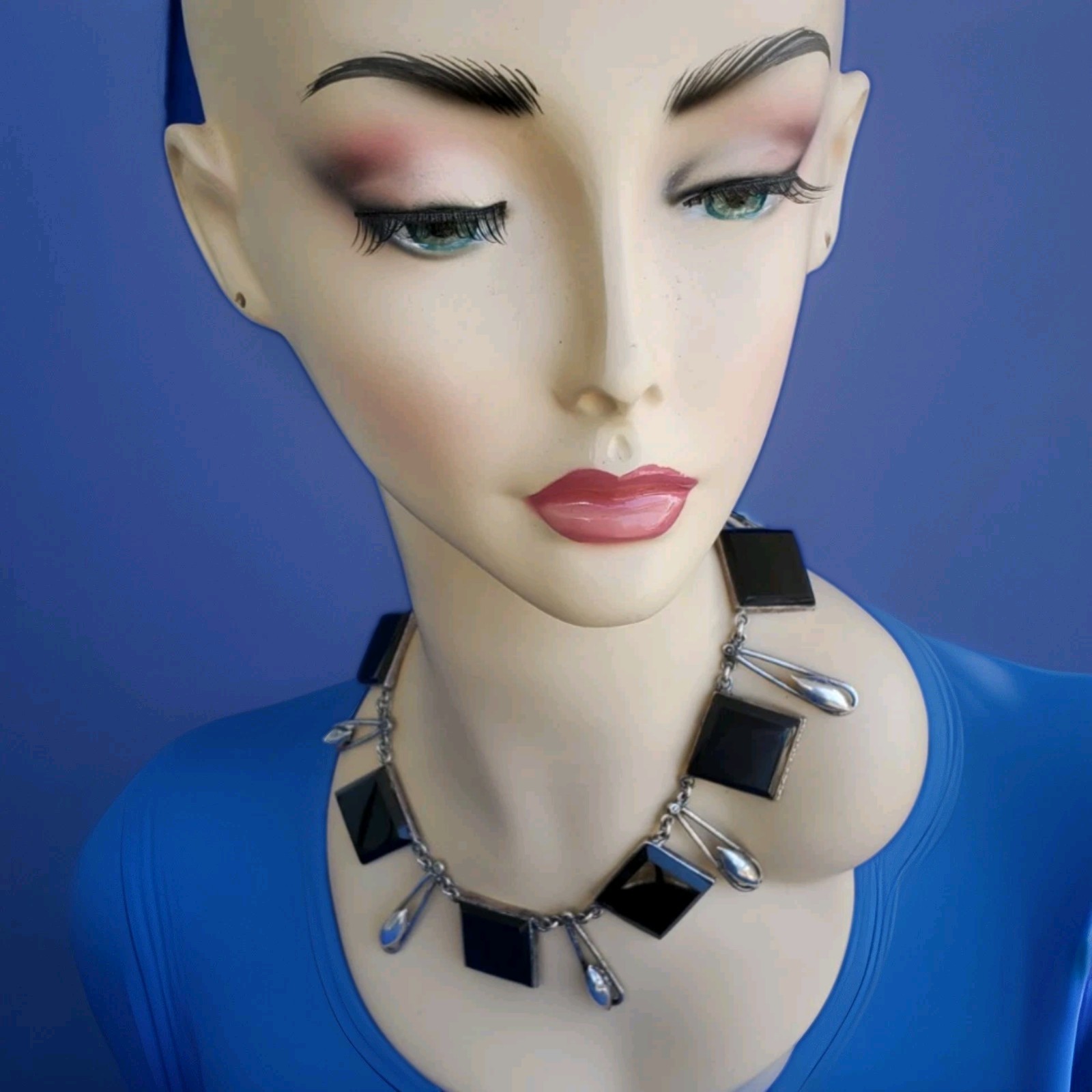 Original STERLING SILVER 925 Deco Onyx Modernist Necklace 186 Gr Vintage 18″ In