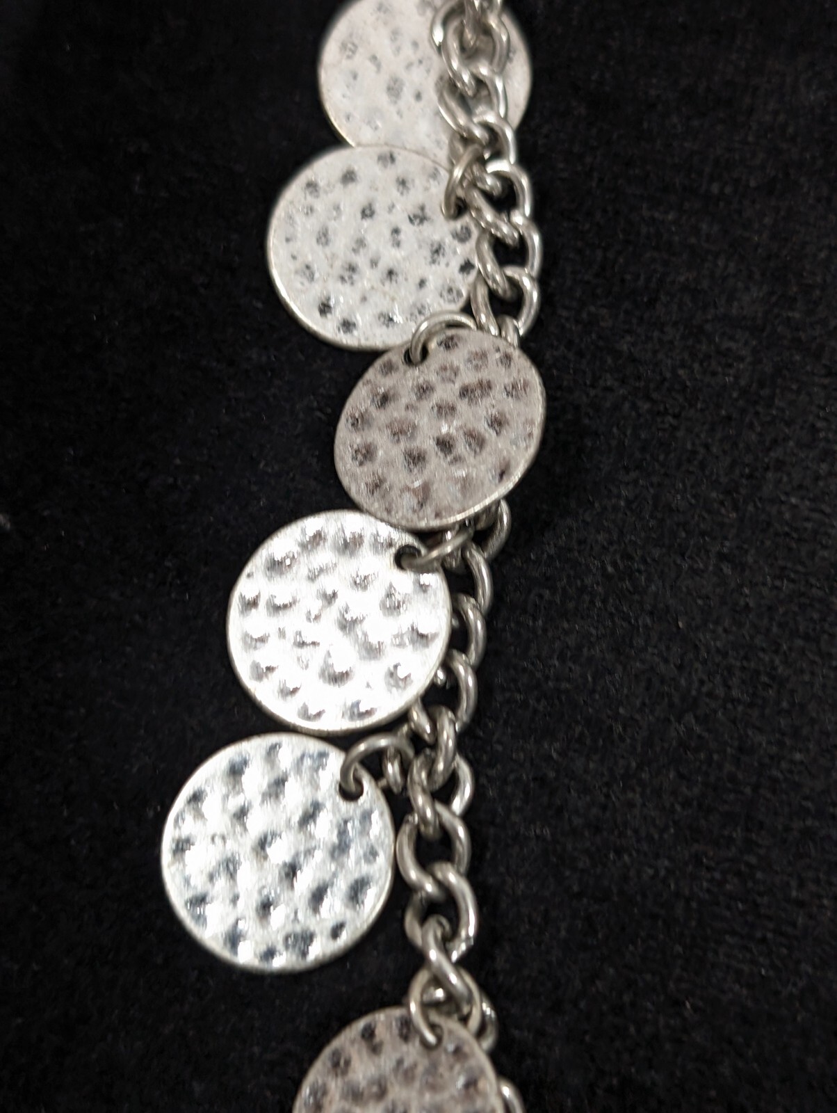 Boho Coastal Hammered Silver Tone Disc Round Charm Chain Necklace 21 in