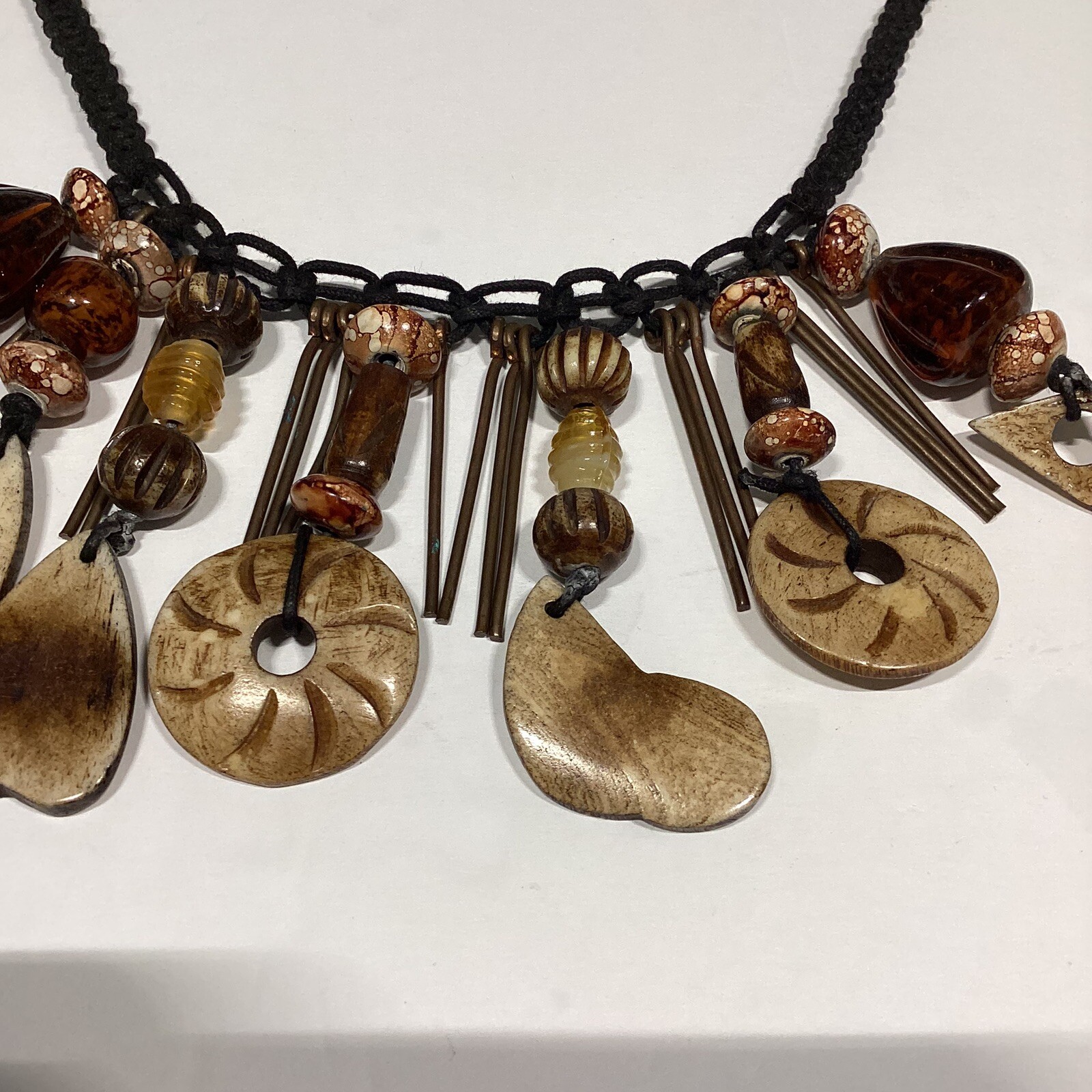 VTG African Rustic Carved Stone Earth Tone Beads Necklace Boho Cottage-core HTF