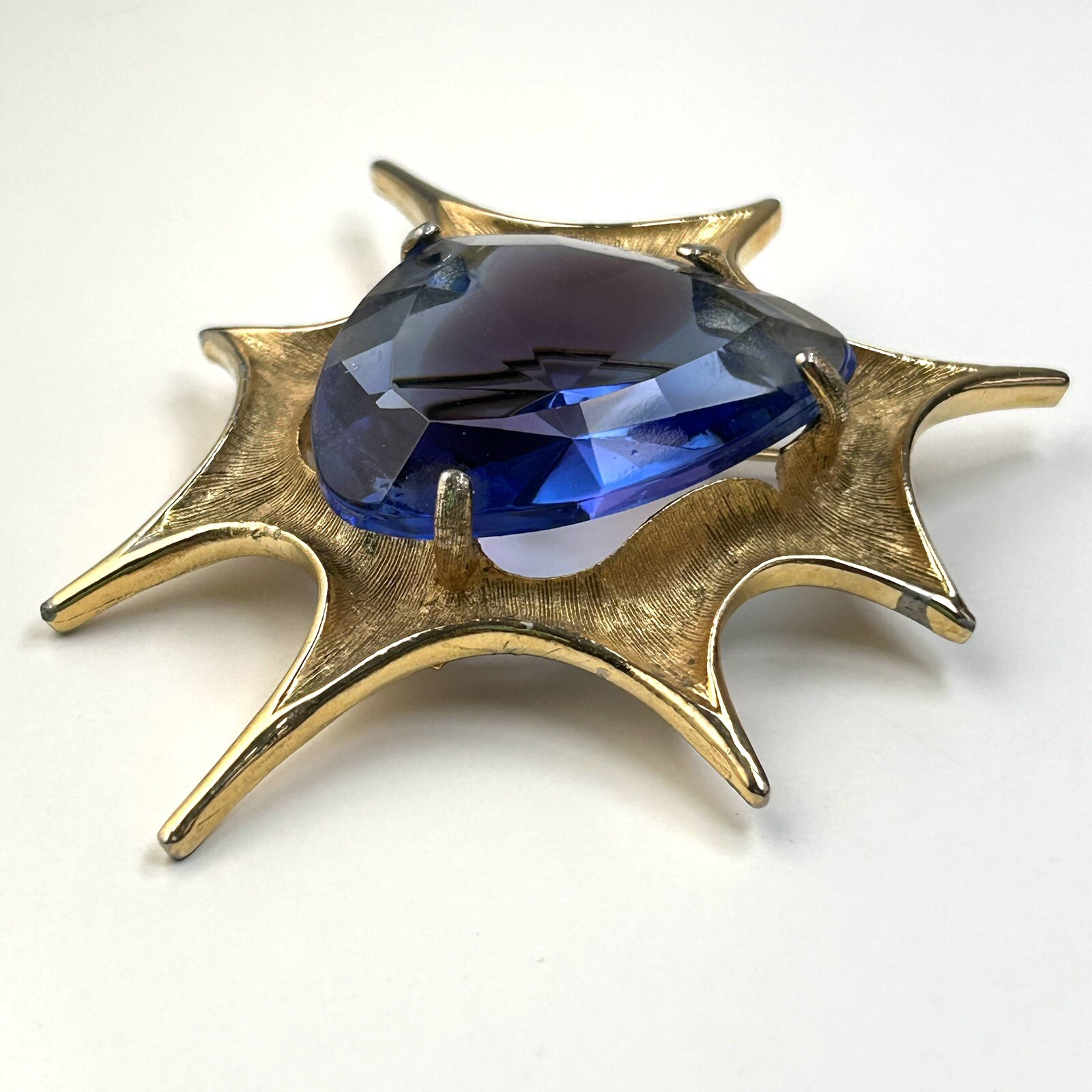 Atomic Blast Brooch Pin Signed BSK Gold Tone Blue Stone Starburst Vintage MCM