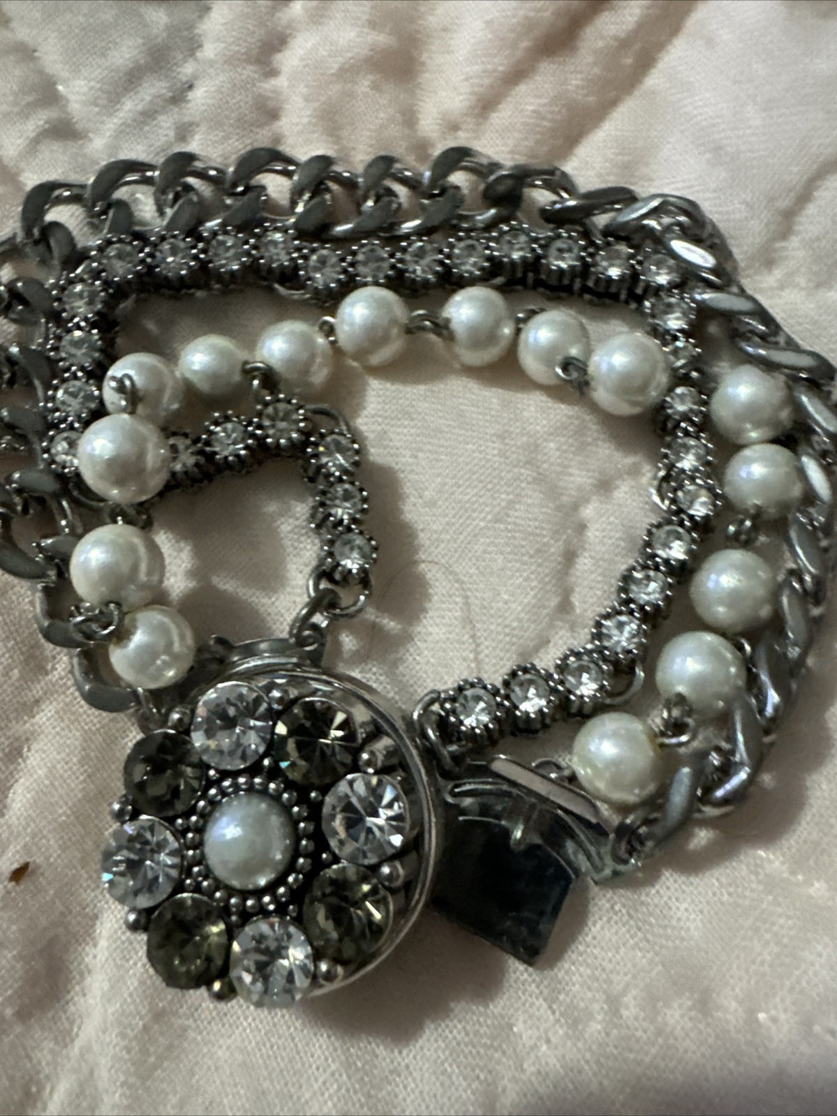Antique Cultured Pearl With Zircons 1950 Old Hollywood Station Bracelet