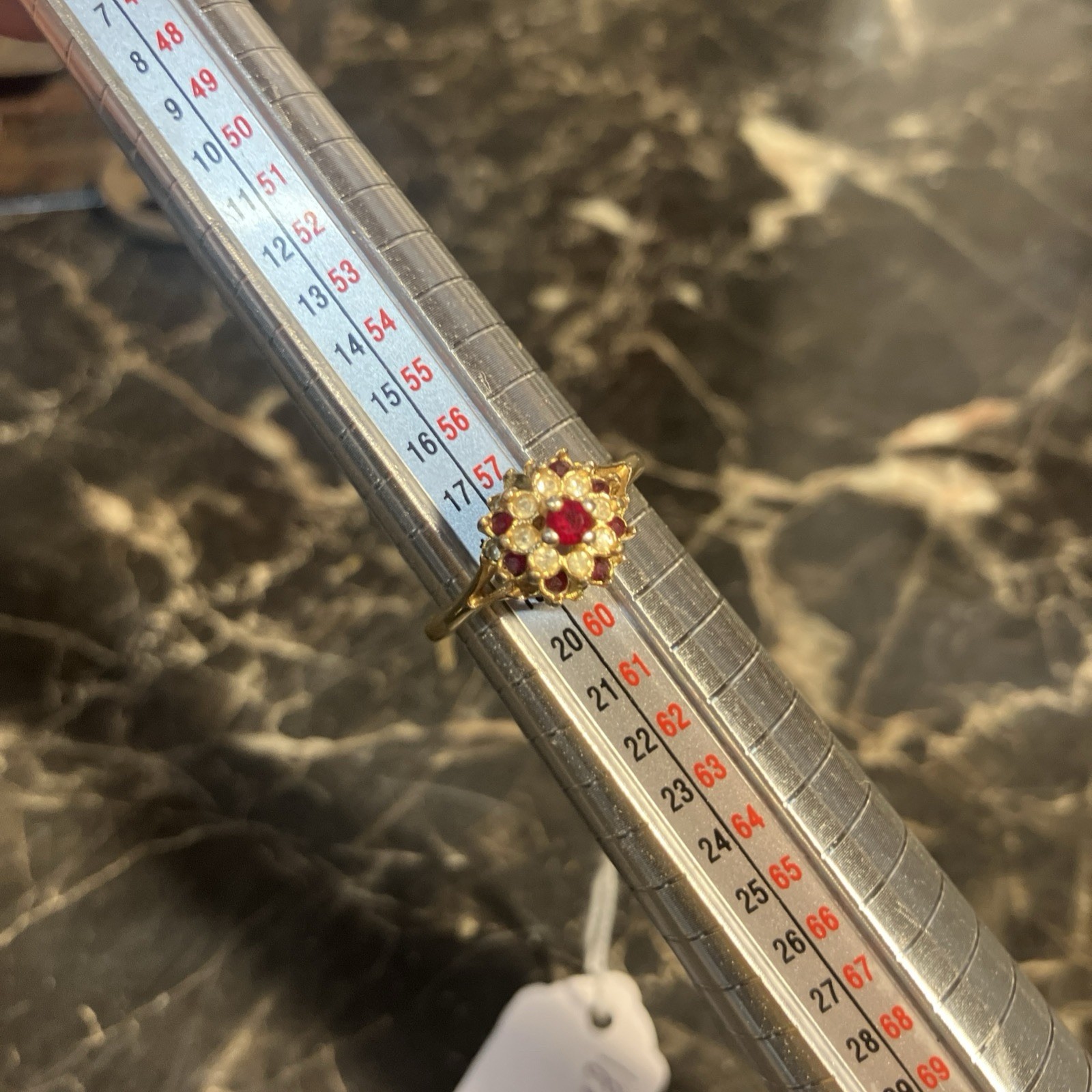 Vintage 18K Gold Filled Red & Clear Rhinestone Floral Cluster Ring Sz 8 1/2