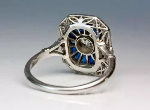 Art Deco Style Lab Created Diamond & Sapphire Wedding 14K White Gold Finish Ring