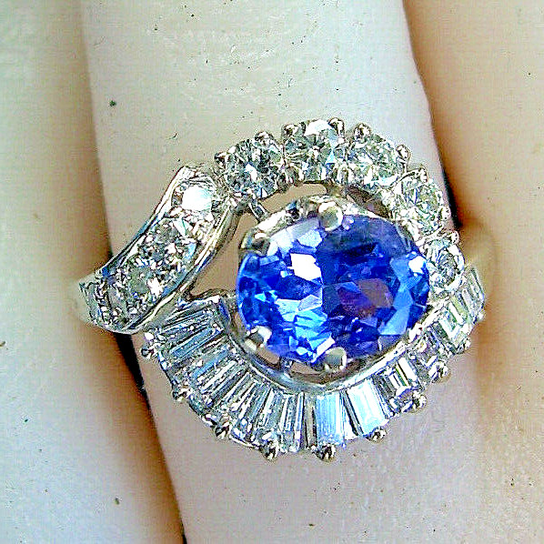 Original EARTH MINED TANZANITE DIAMOND DECO Engagement Ring Solitaire 14K GOLD 7