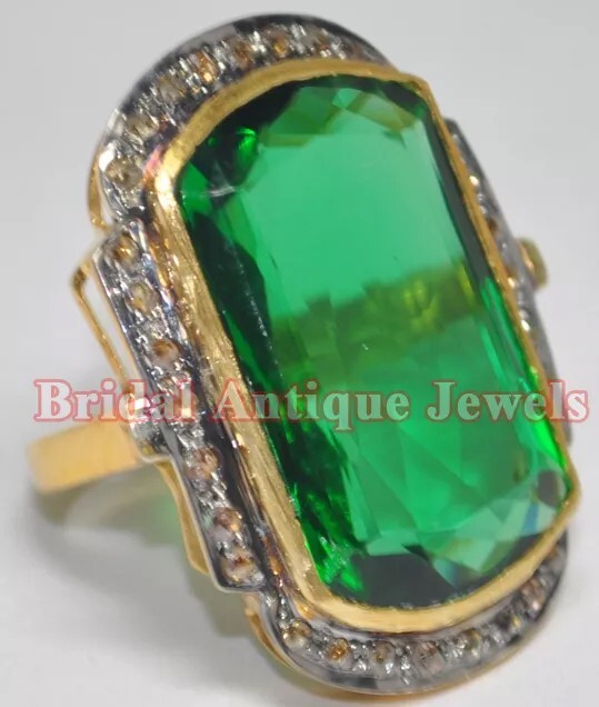 1.51ct Rose Cut Diamond Antique Look 925 Sterling Silver Emerald Cocktail Ring