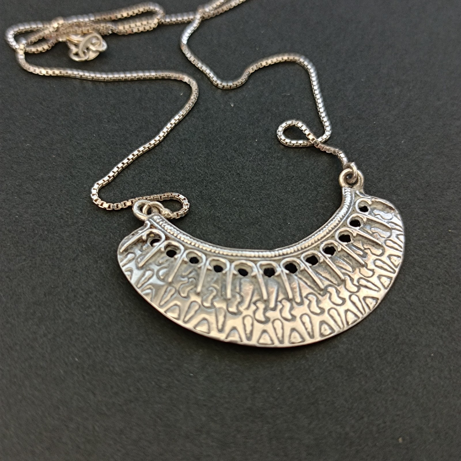 Vintage Sterling Silver Moon Crescent Necklace Ethnic Folk Inspired Engraved Bib