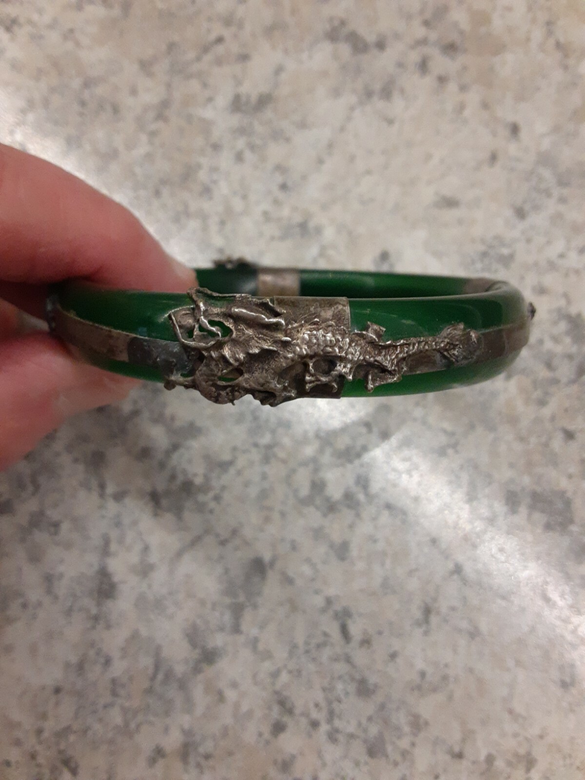 Vintage Green Glass Bangle Bracelet Silvertone Accents-Bearded Dragons Peacock